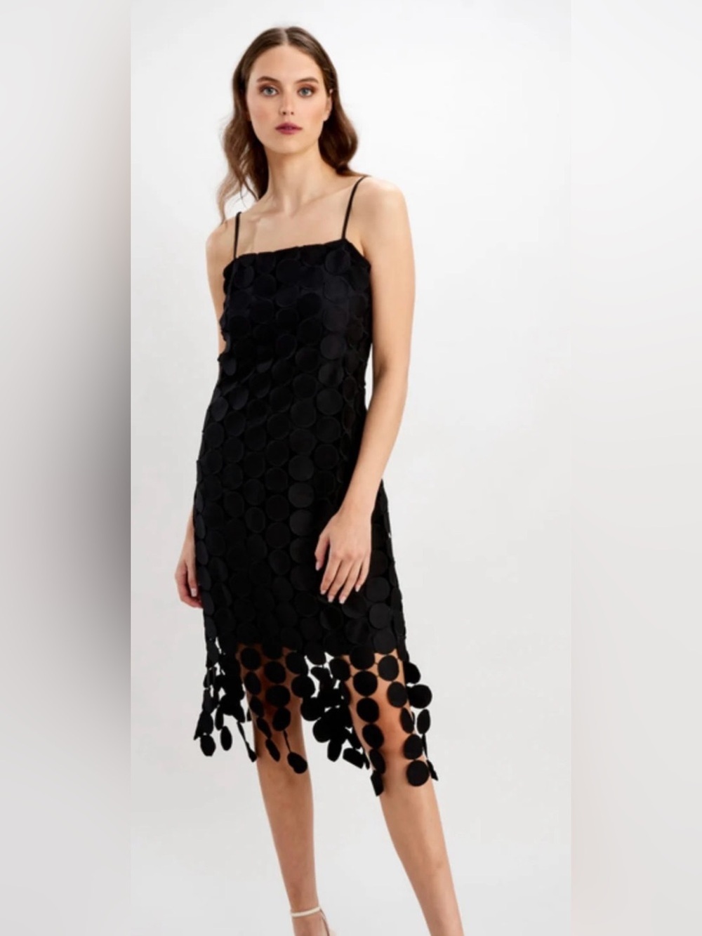 Frank Lyman Black Disc Appliqué Midi Dress Size Small Statement Cocktail Dress